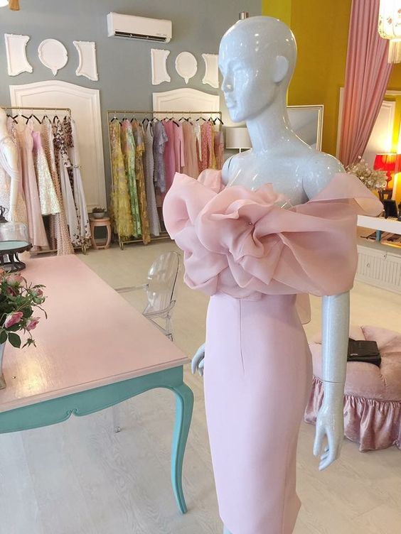 Classy Pink Off-the-Shoulder Sheath Prom Dress,Pink Formal Gown - FashionDia
