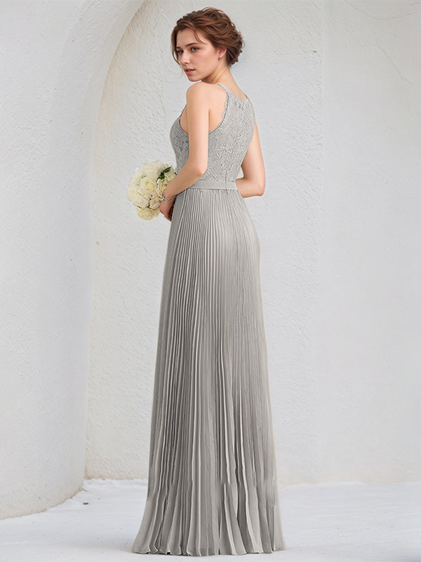 Silver A-Line Scoop Floor-Length Lace Chiffon Dresses With Pleated - View 4 | FashionDia