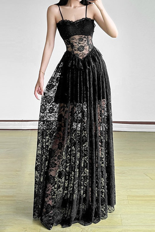 Sleeveless Ruffled Waist Maxi Lace Dress - View 7 | VelvetHem