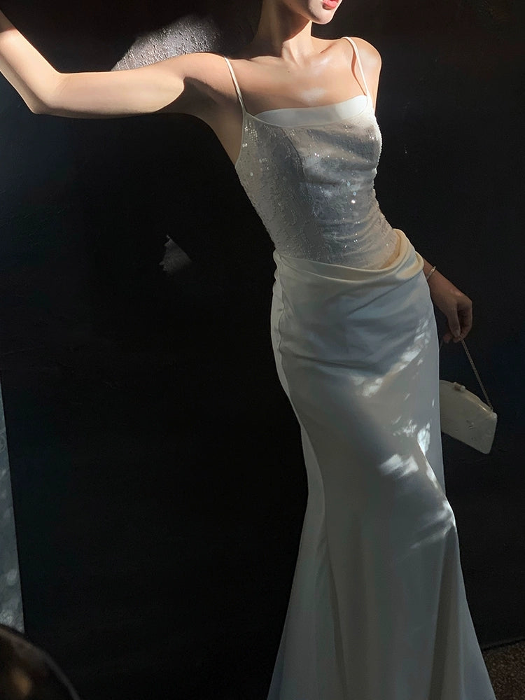 White Sheath Long Prom Dress Sequin Spaghetti Straps Evening Dress