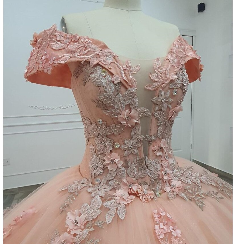 Off-the-Shoulder Pink Ball Gown Long Train Tulle Appliuqes Sweet 16 Dress - View 3 | FashionDia