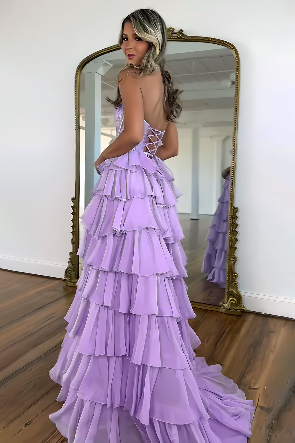 Stunning Strapless A-Line Sparkly Long Layered Chiffon Prom Dress With Slit