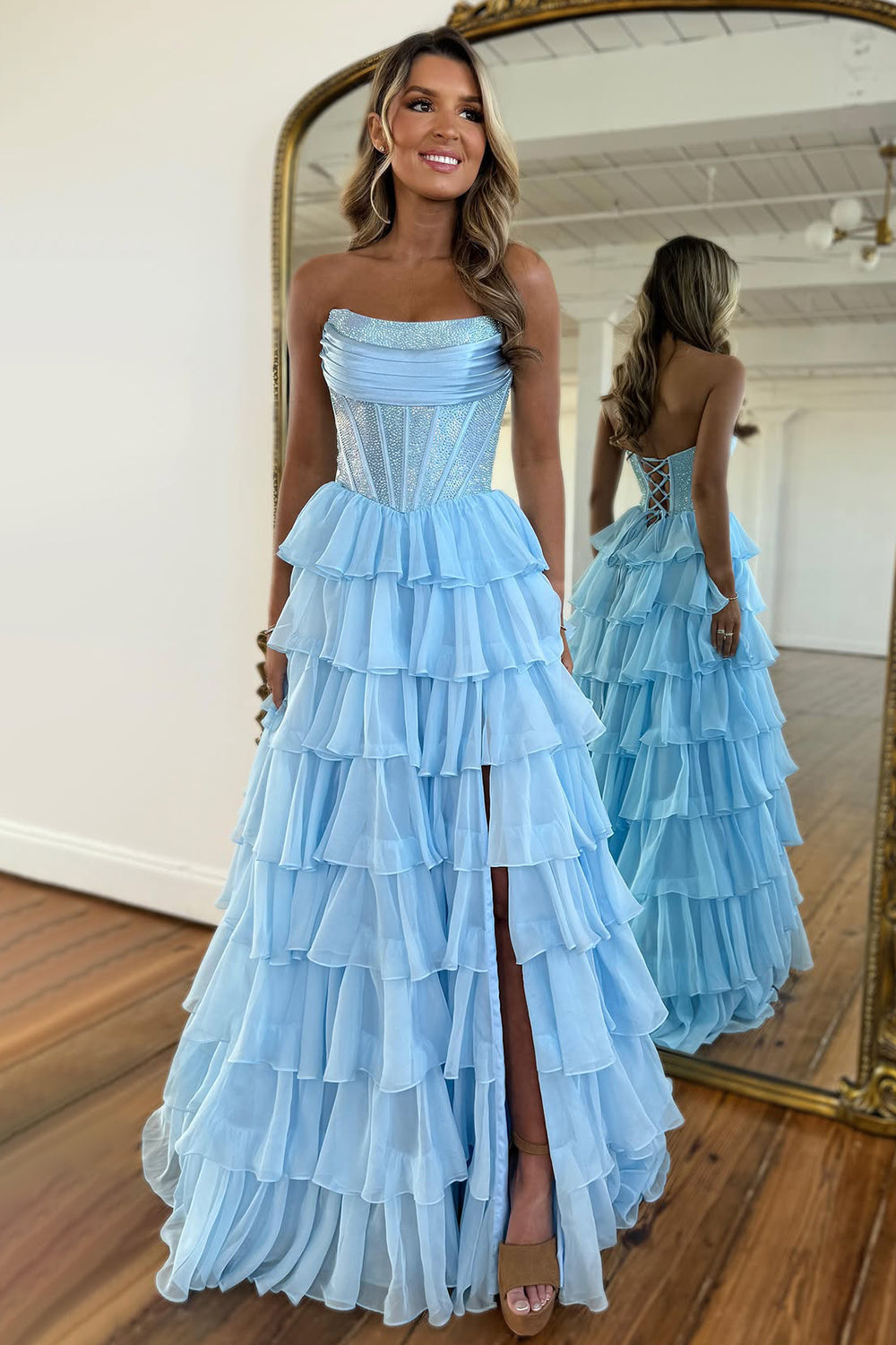 Gorgeous Royal Blue A-Line Sparkly Long Layered Chiffon Prom Dress With Slit