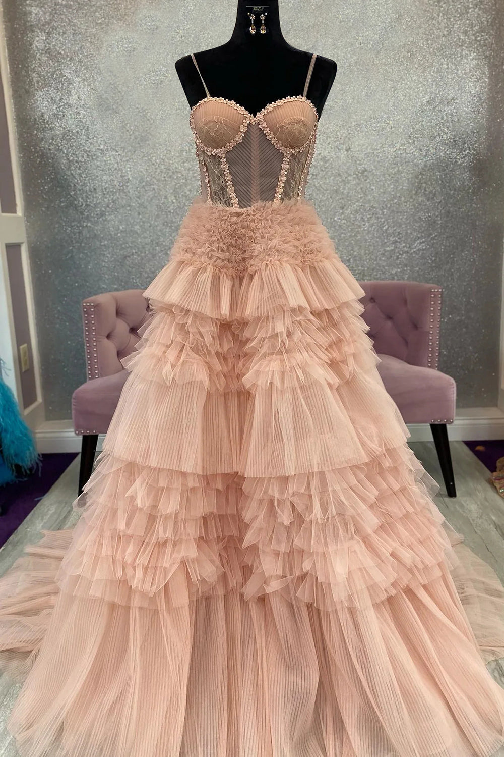 Charming A-Line Spaghetti Straps Light Pink Corset Prom Dress with Ruffles - FashionDia