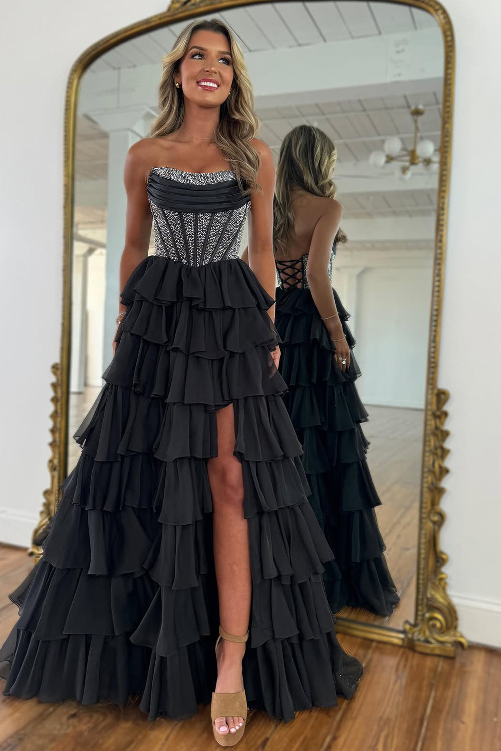 Gorgeous Royal Blue A-Line Sparkly Long Layered Chiffon Prom Dress With Slit