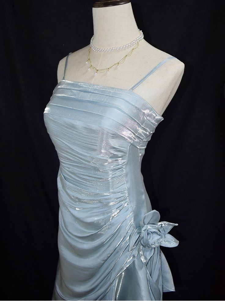 Charming Baby Blue Vintage Floral Dress Asymmetrical Hem Prom Dress Party Gown - View 2 | FashionDia