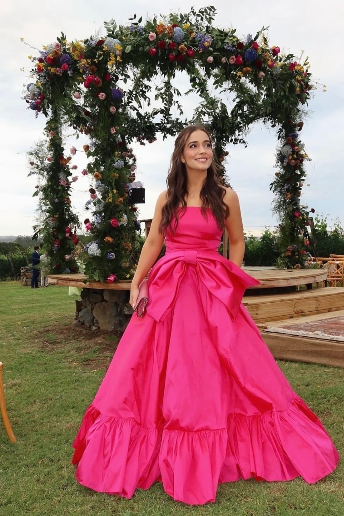 Sweety A Line Strapless Pink Long Party Dress with Bowknot