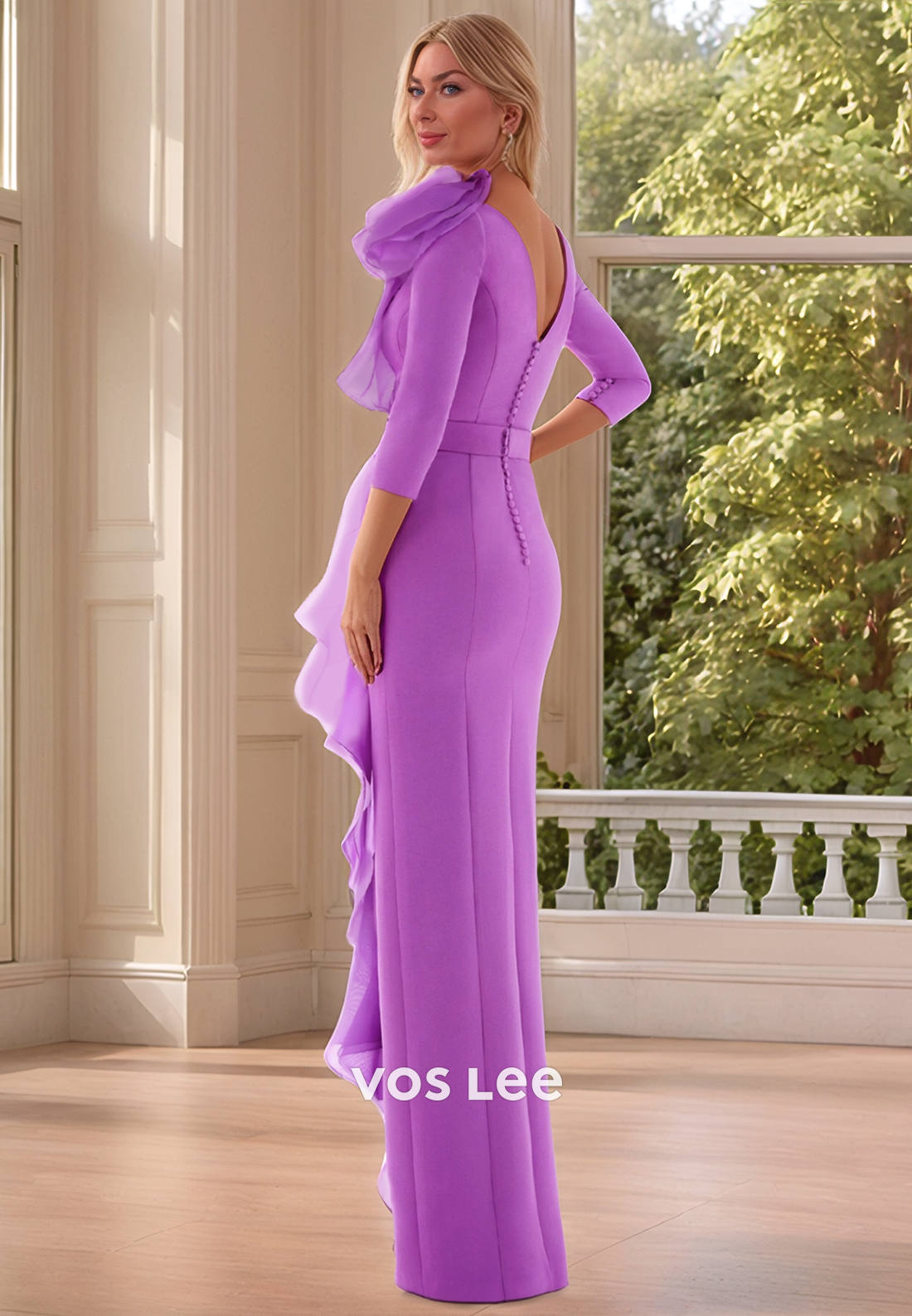 Simple High Neck Floral Embossed Mermaid Mother of Bride Dresses with Side Slit