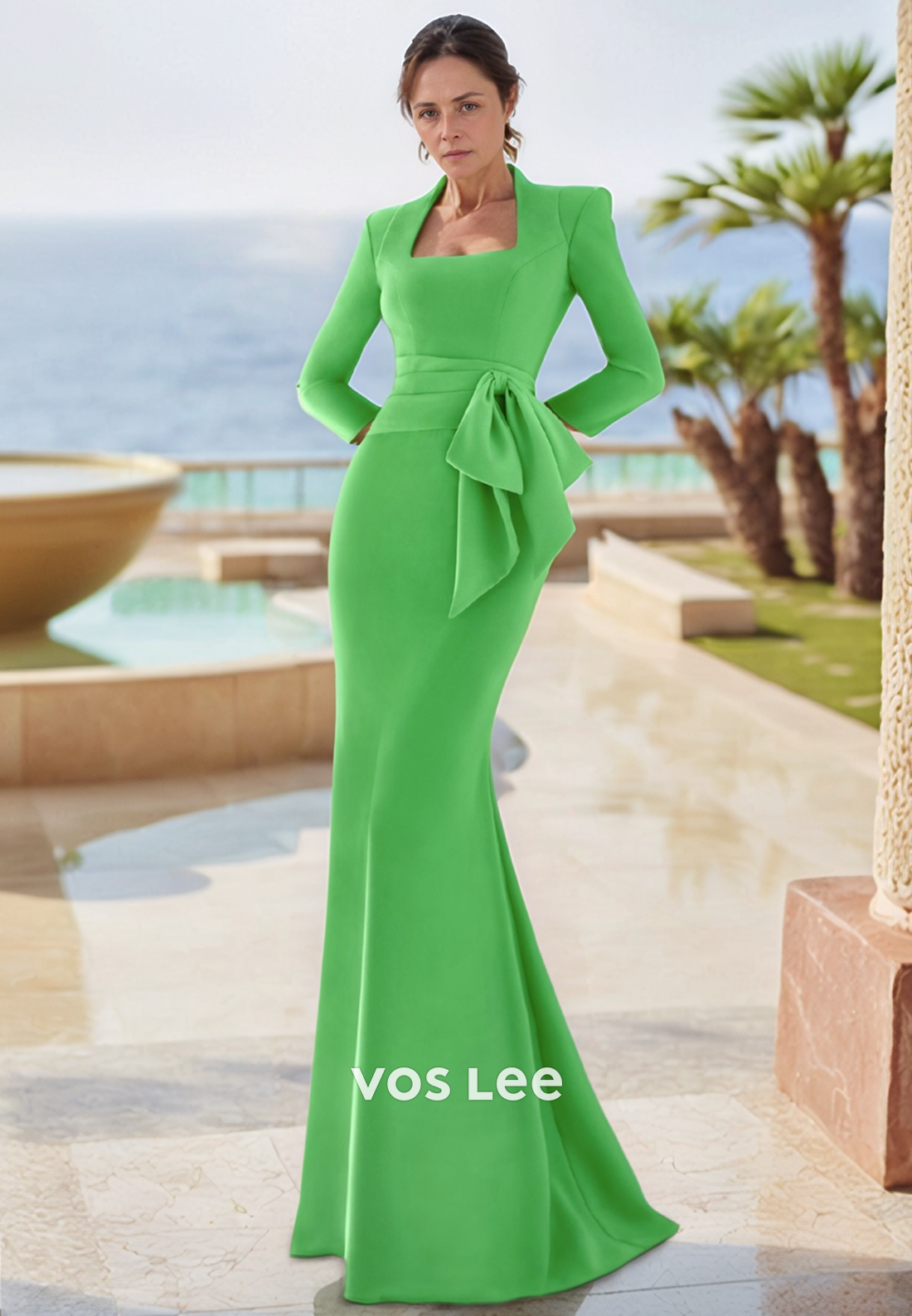 Long Sleeve Square Bowknot Mermaid Formal Dresses Mother of Bride Dresses