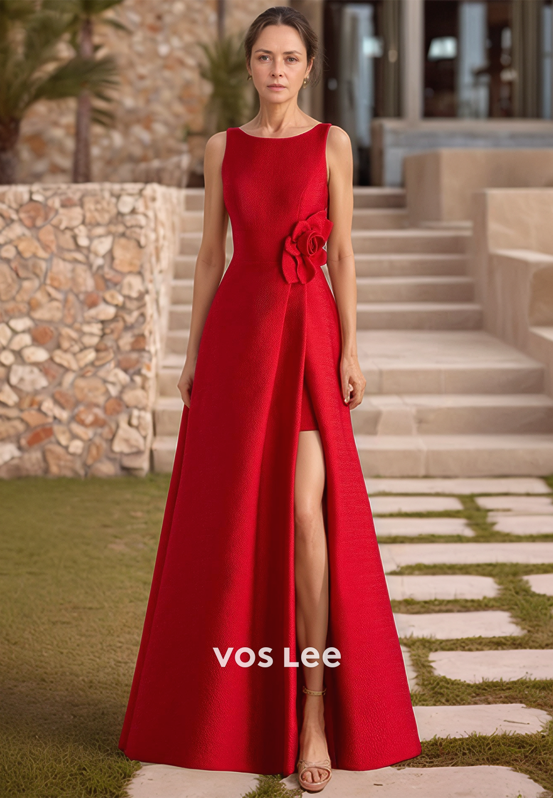 A-Line Floral Embossed High Split Mother of the Bride Dresses with pocket
