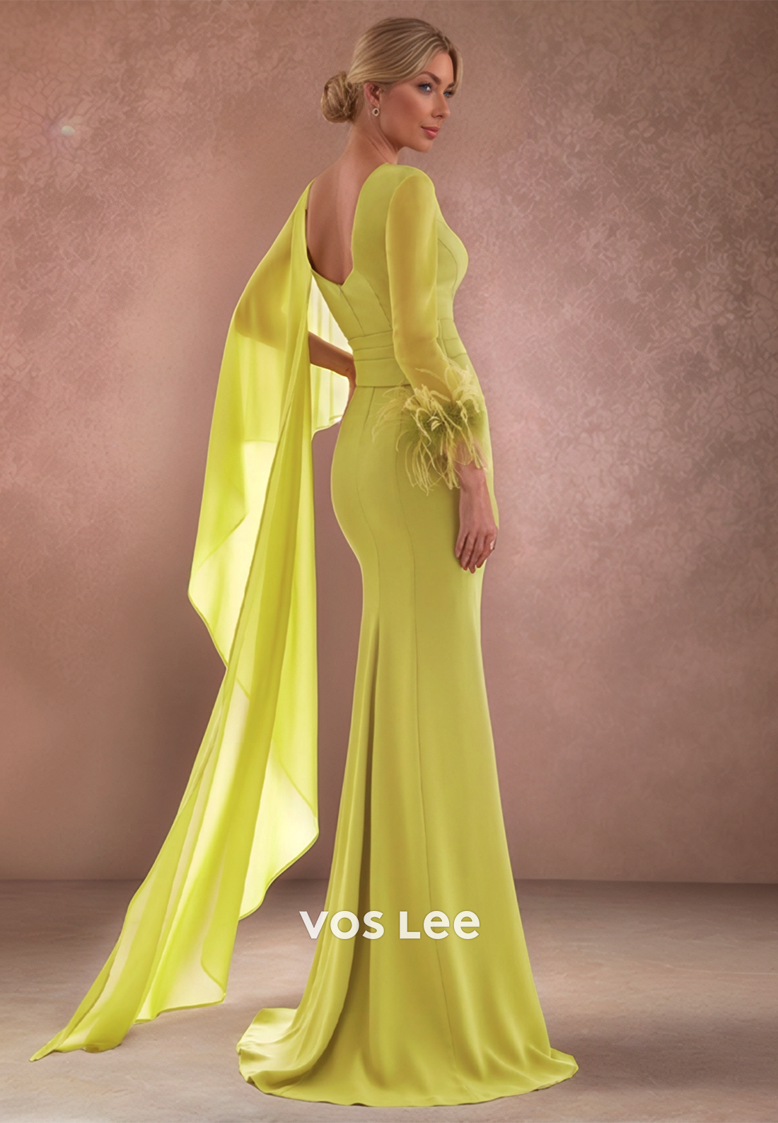 Classic & Timeless Long Sleevees V Neck Feather Mermaid Mother of the Bride Dresses
