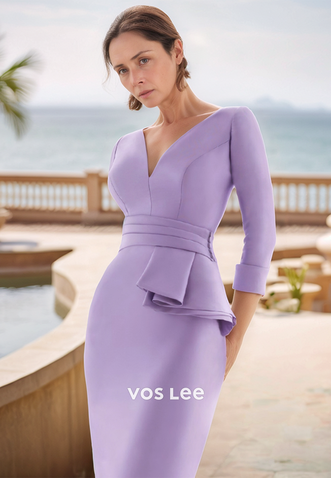 3/4 Sleeve V Neck Knee-Length Semi Formal Mermaid Mother of Bride Dresses