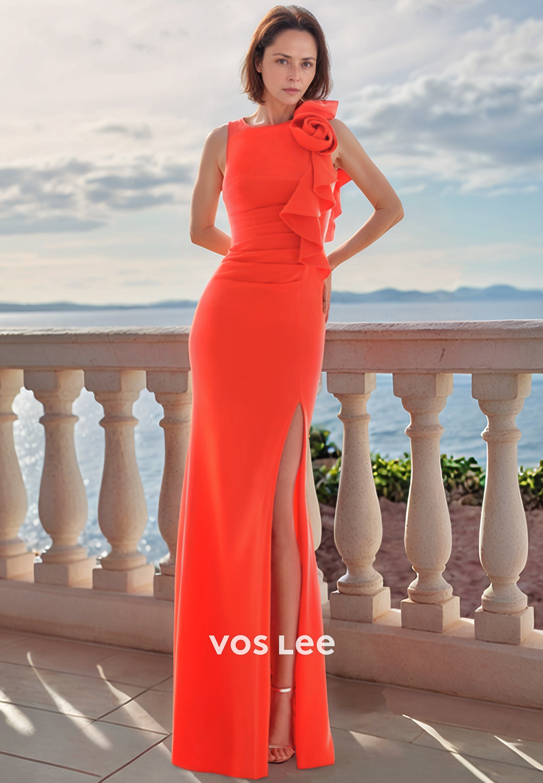 Floral Embossed Ruched Mermaid Mother of the Bride Dresses with Side Slit