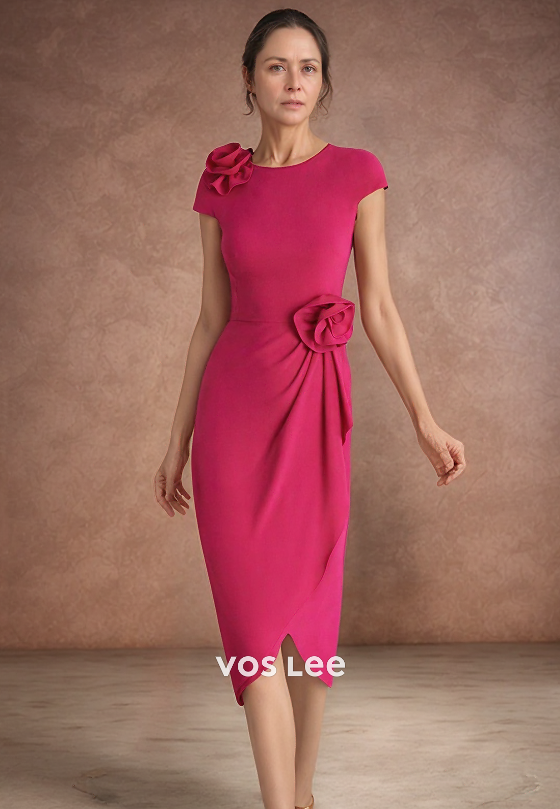 Simple & Casual Scoop Pleated Floral Embossed Tea-Length Mother of the Bride Dresses