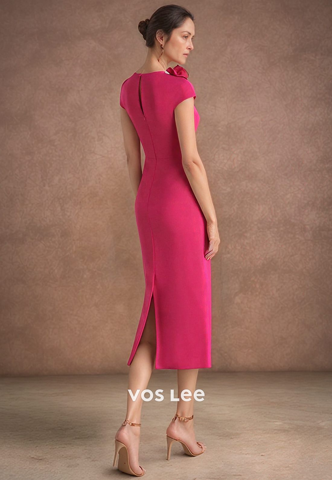 Simple & Casual Scoop Pleated Floral Embossed Tea-Length Mother of the Bride Dresses