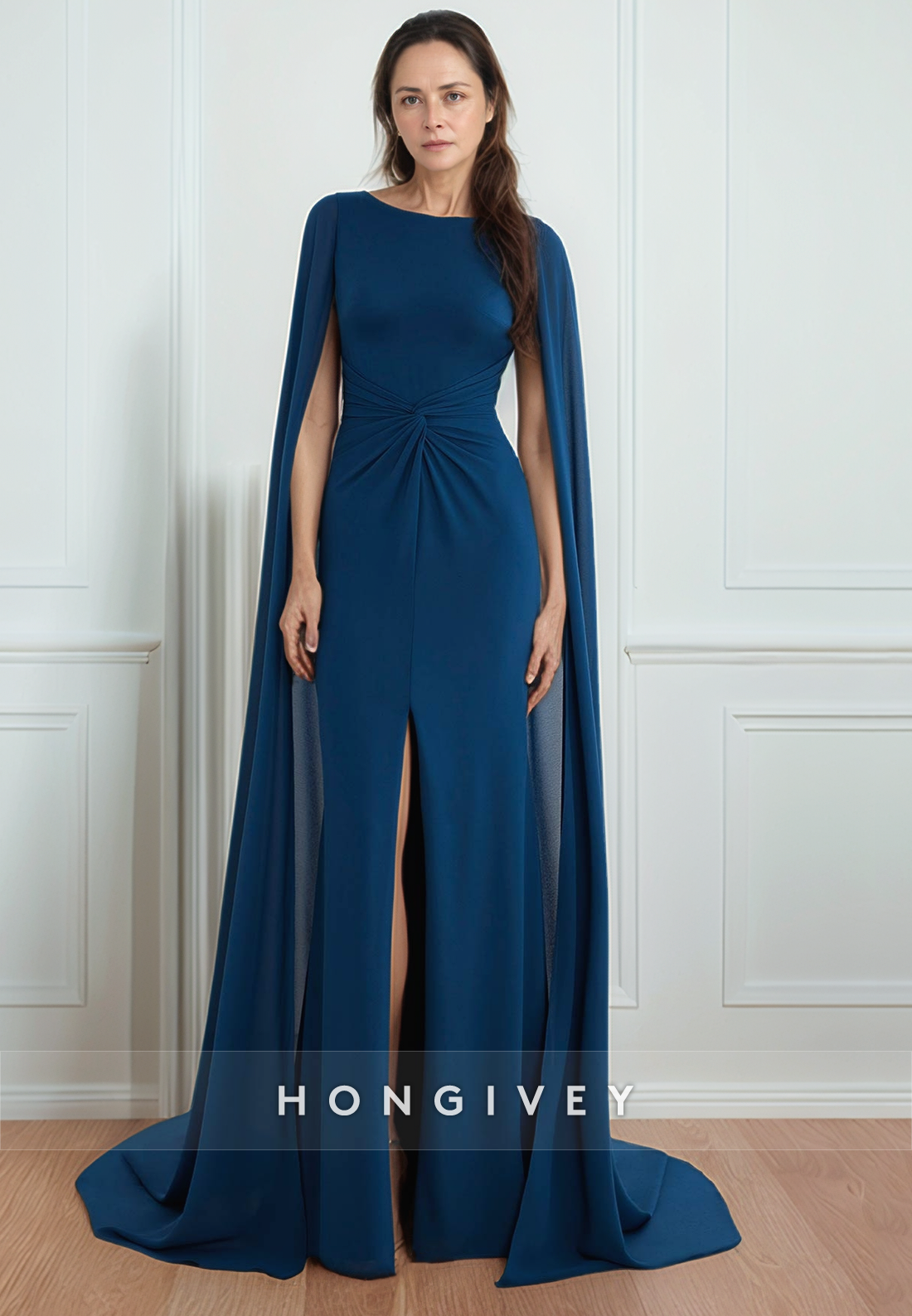 Sheath Pleats Court Train Mother of the Bride With Slit Dress Navy Blue Elegent Cocktail Dresses