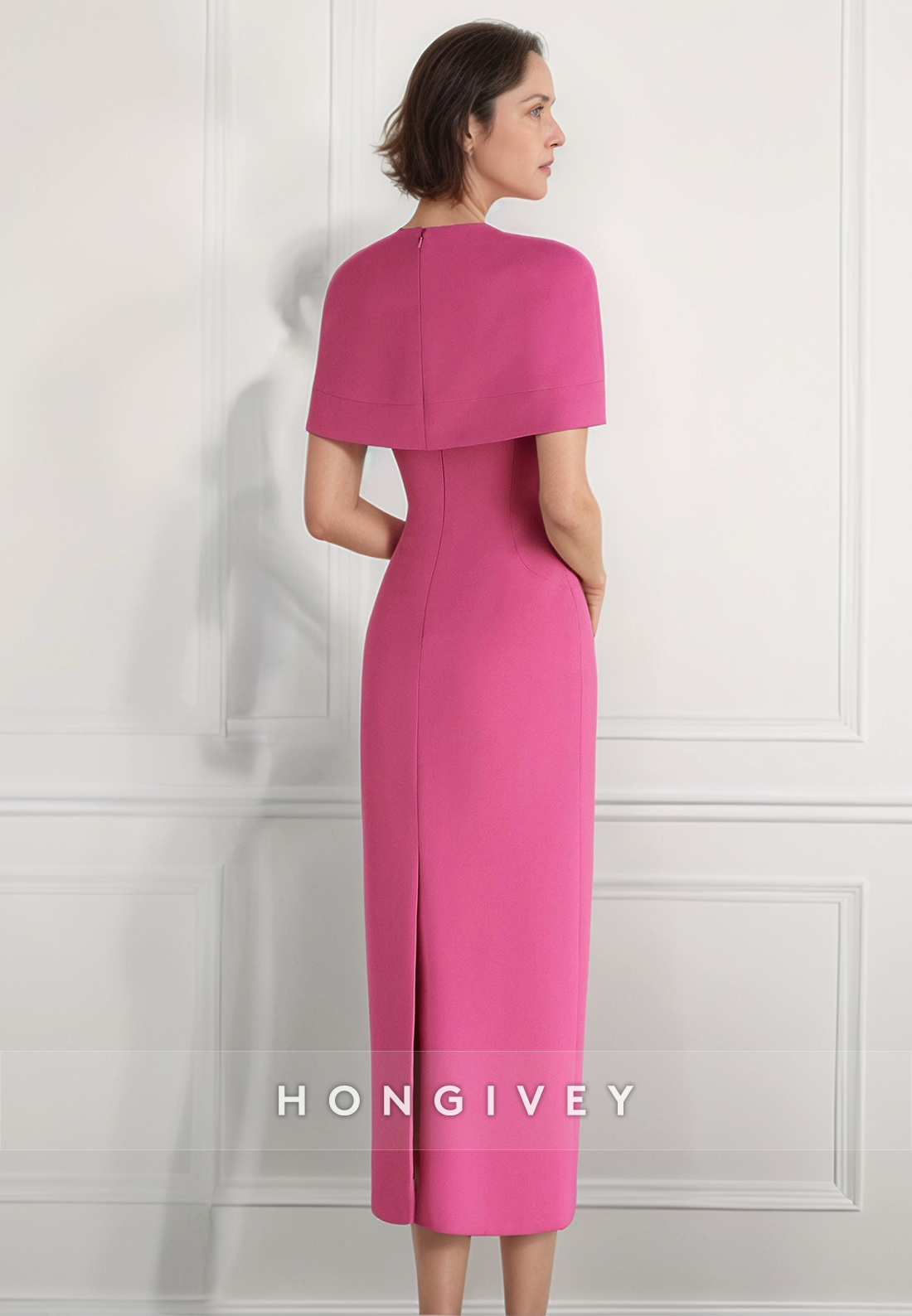Sheath Tea-Length Formal Fuchsia Taffeta Cocktail Dress Zipper Shawl Simple Mother of the Bride Dress
