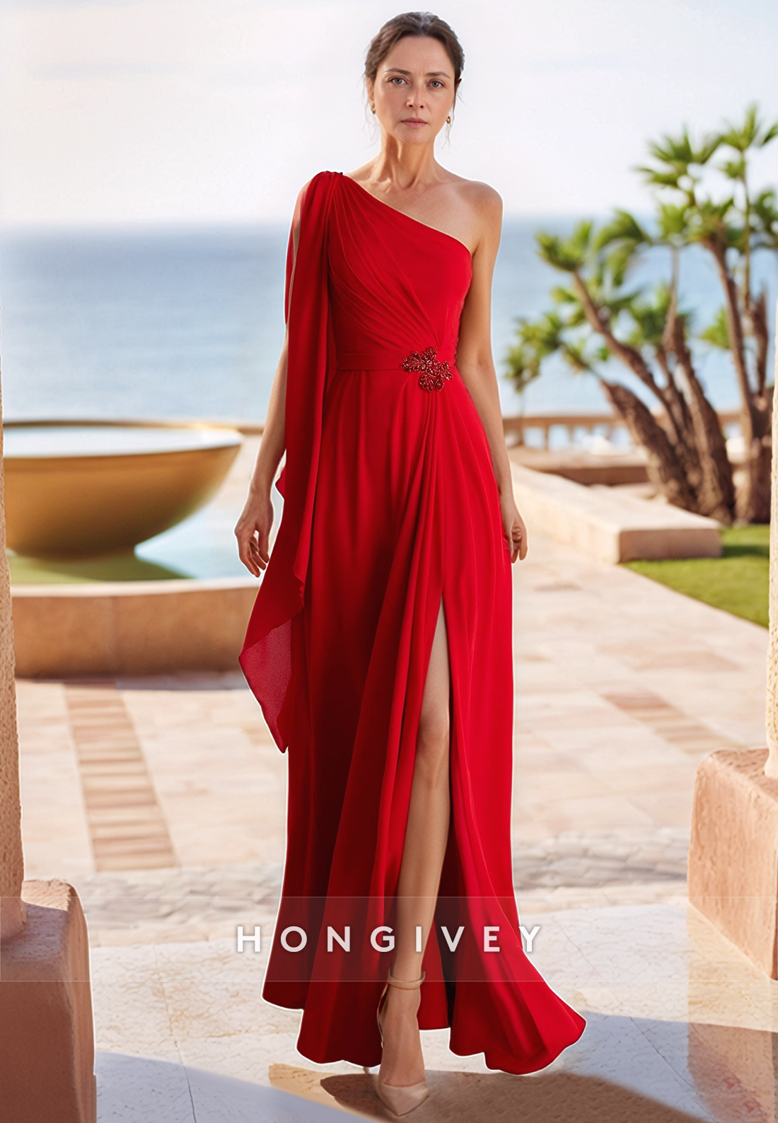 Sheath Ankle-Length Red Mother of the Bride High Slit One Shoulder Chiffon Crystal V Back Evening Gown