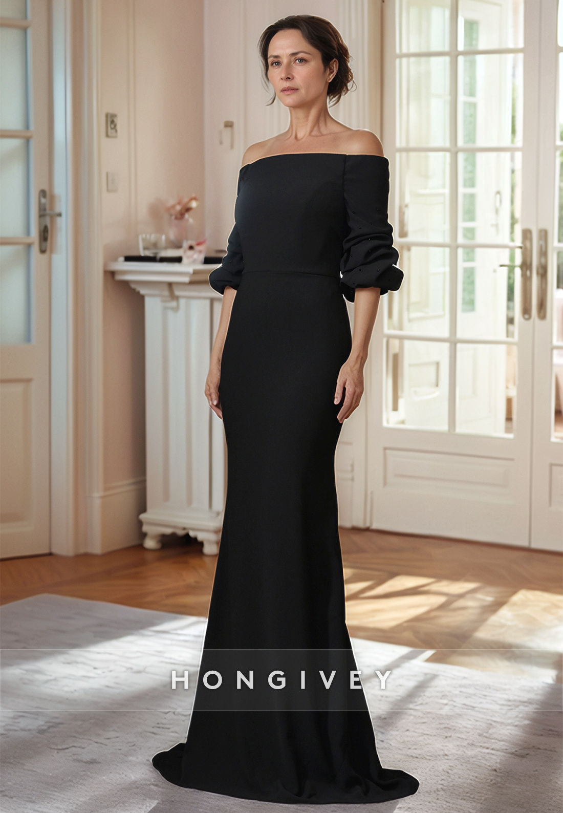 Mermaid Court Train Off the Shoulder Satin Half Sleeve Pleated Simple Mother of the Bride Dress