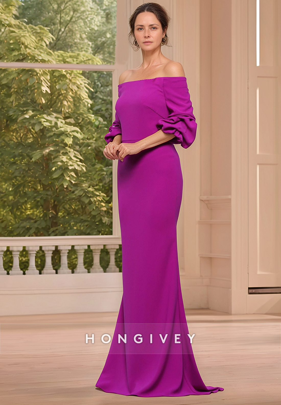 Mermaid Court Train Off the Shoulder Satin Half Sleeve Pleated Simple Mother of the Bride Dress