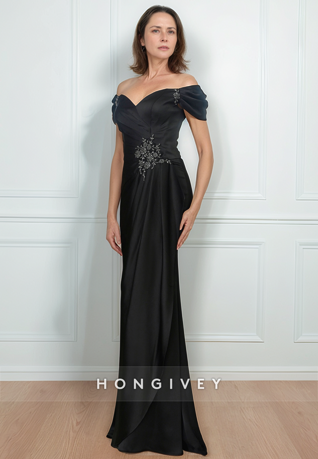 Sheath Sweep Train Sweetheart Satin Mother of the Bride Dress Cap Sleeves Pleated Rhinestone Evening Dress