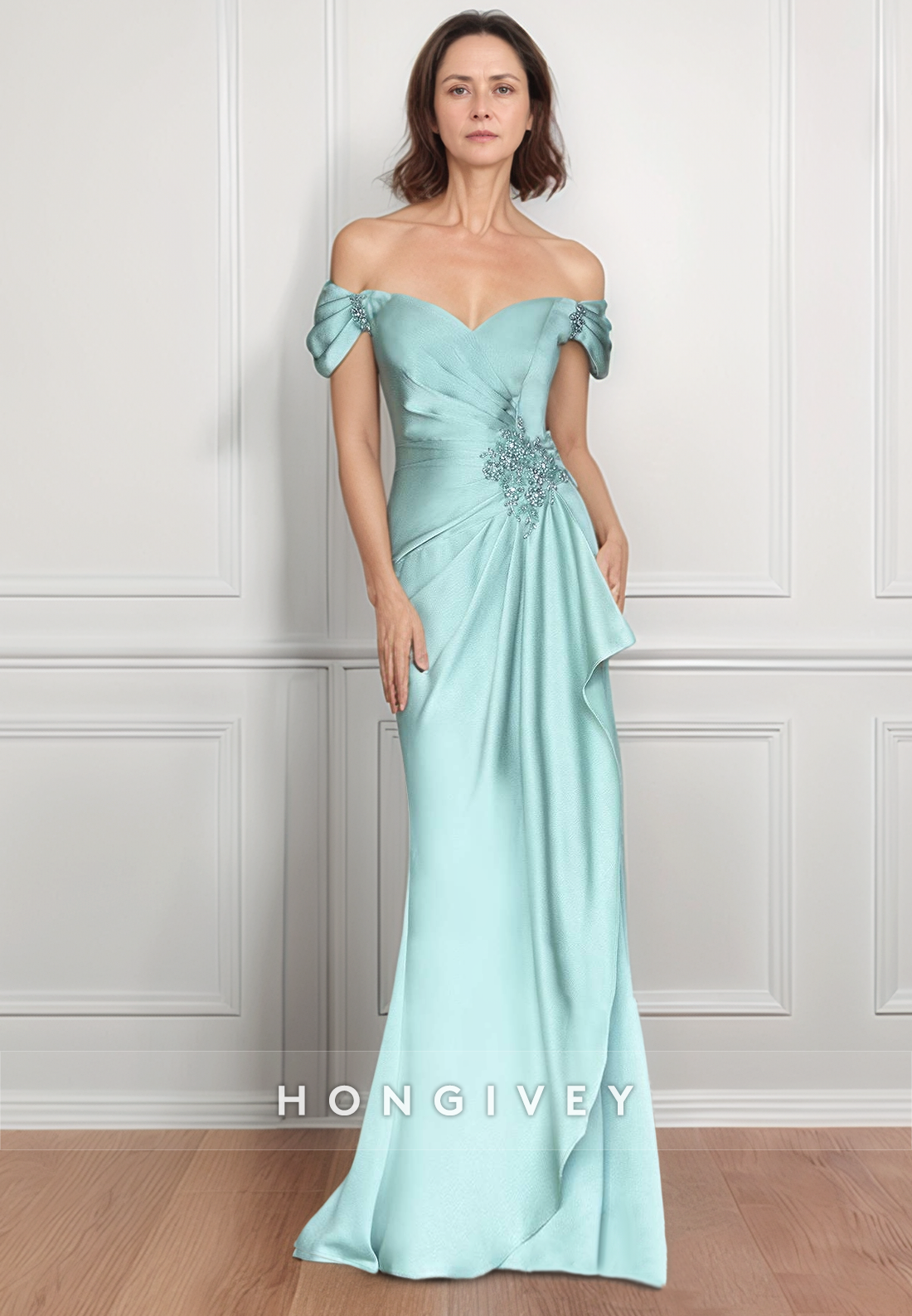 Sheath Sweep Train Sweetheart Satin Mother of the Bride Dress Cap Sleeves Pleated Rhinestone Evening Dress