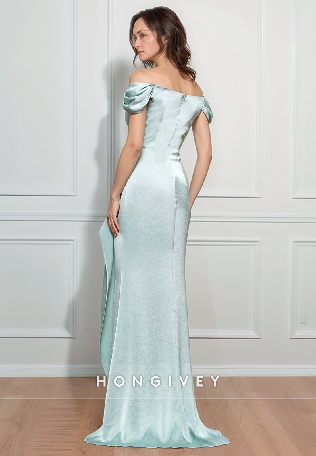 Sheath Sweep Train Sweetheart Satin Mother of the Bride Dress Cap Sleeves Pleated Rhinestone Evening Dress