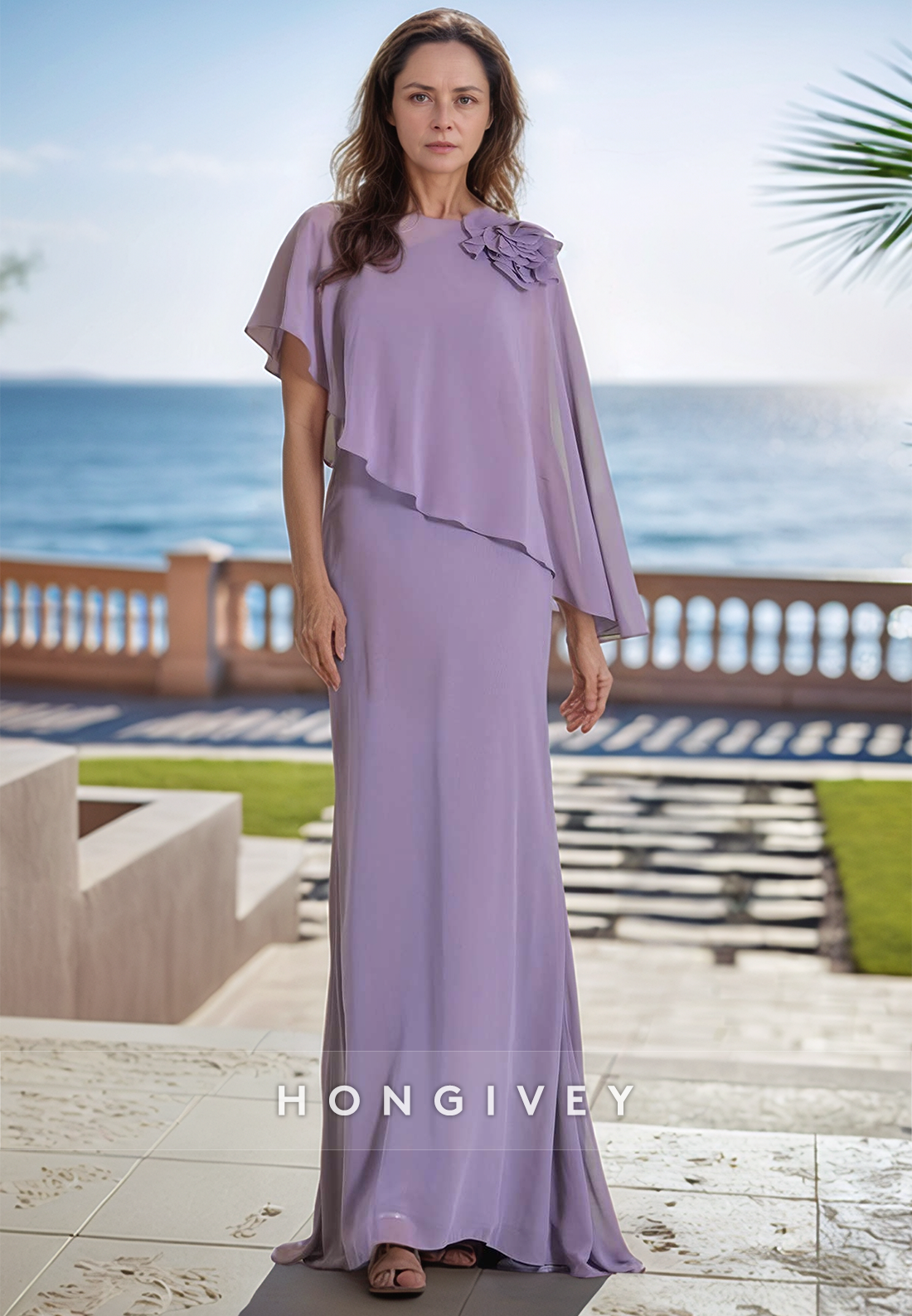 Sheath Sweep Train Chiffon Flowers Elegent Mother of the Bride Dress