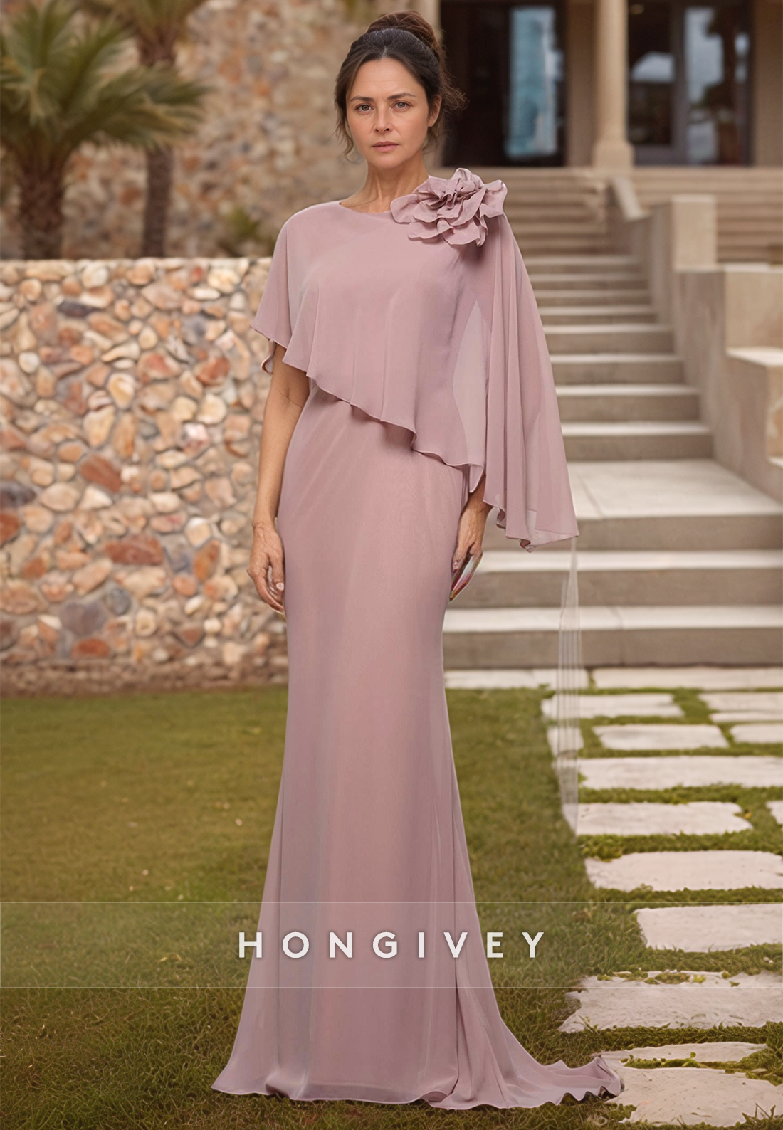 Sheath Sweep Train Chiffon Flowers Elegent Mother of the Bride Dress