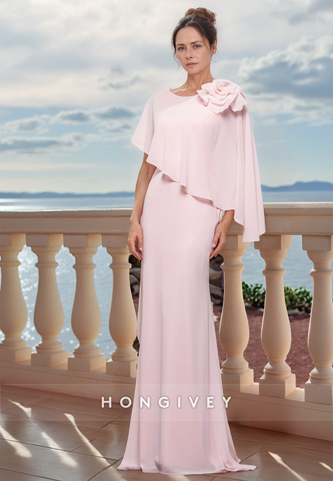 Sheath Sweep Train Chiffon Flowers Elegent Mother of the Bride Dress
