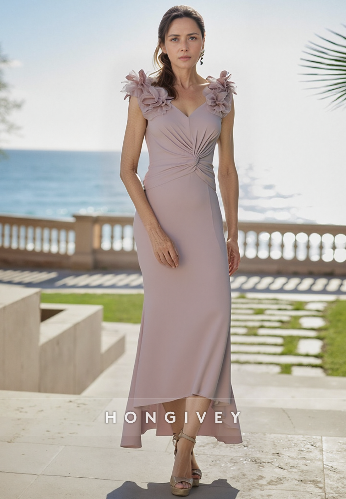 Sheath Tea-Length Satin Cap Sleeves Pleated Shoulder Flower Mother of the Bride Dress
