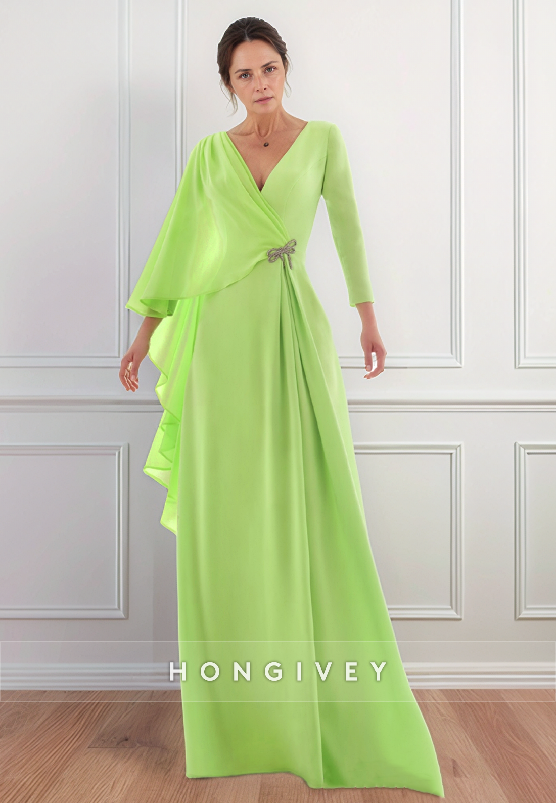 Sheath Floor-Length V Neck Chiffon Shawl Long Sleeve Pleated Zipper Mother of the Bride Dress