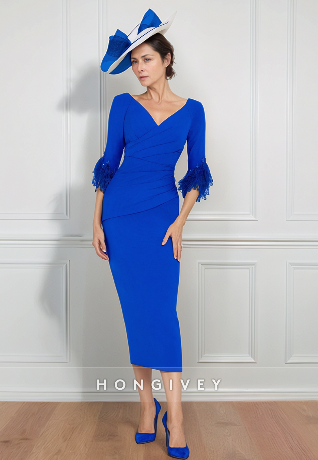 Trim Sheath Tea-Length V Neck Cocktail Dresse Satin 3/4 Sleeve Pleated Navy Bule Mother of the Bride Dress