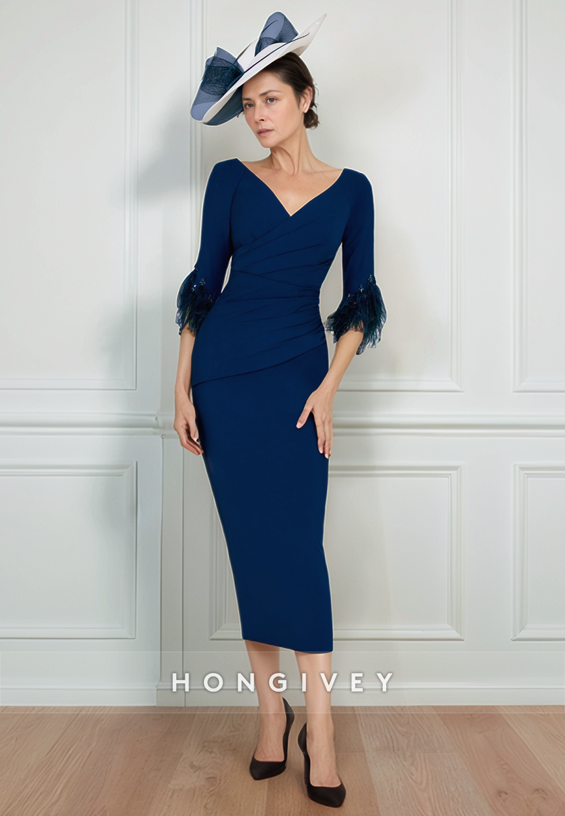 Trim Sheath Tea-Length V Neck Cocktail Dresse Satin 3/4 Sleeve Pleated Navy Bule Mother of the Bride Dress