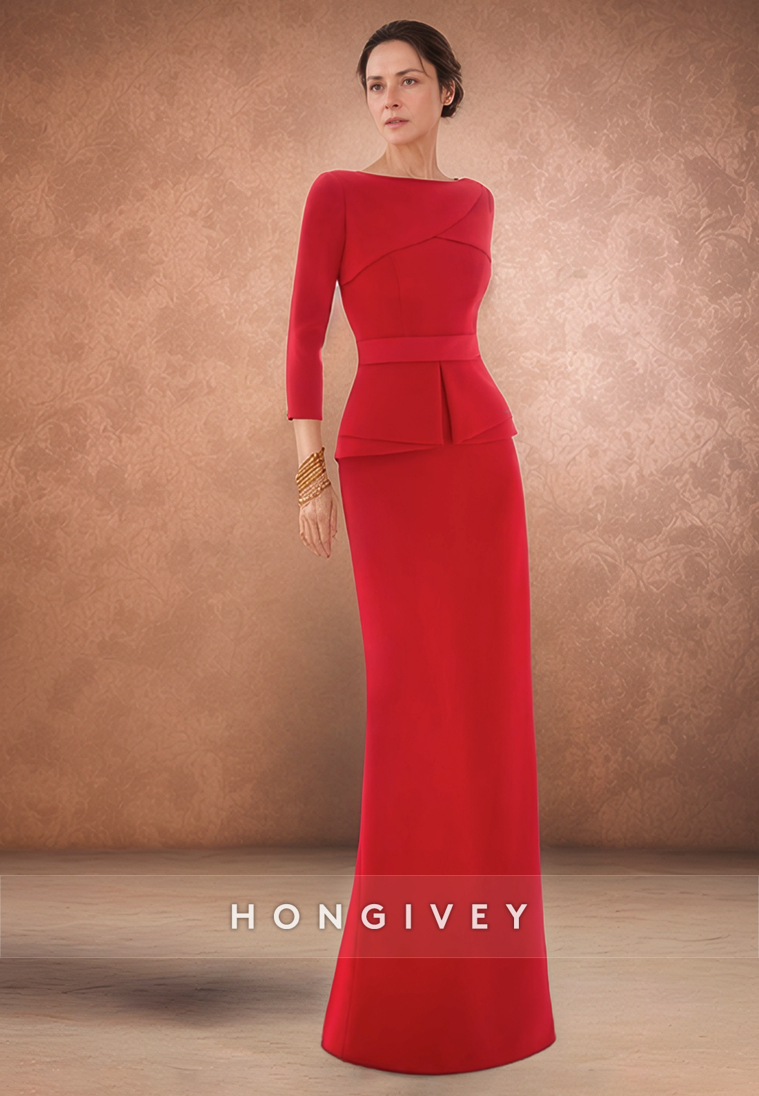 Long-Sleeves Scoop-Neck Mermaid Mother of the Bride Dress Floor-Length Satin Cocktail Gowns