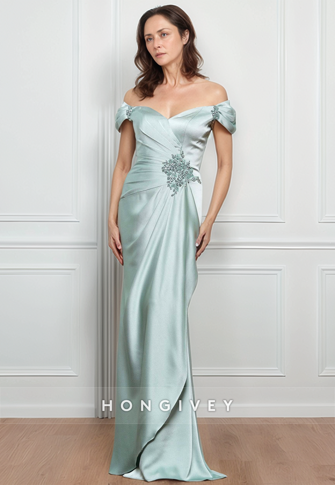 Sheath Sweep Train Sweetheart Satin Mother of the Bride Dress Cap Sleeves Pleated Rhinestone Evening Dress