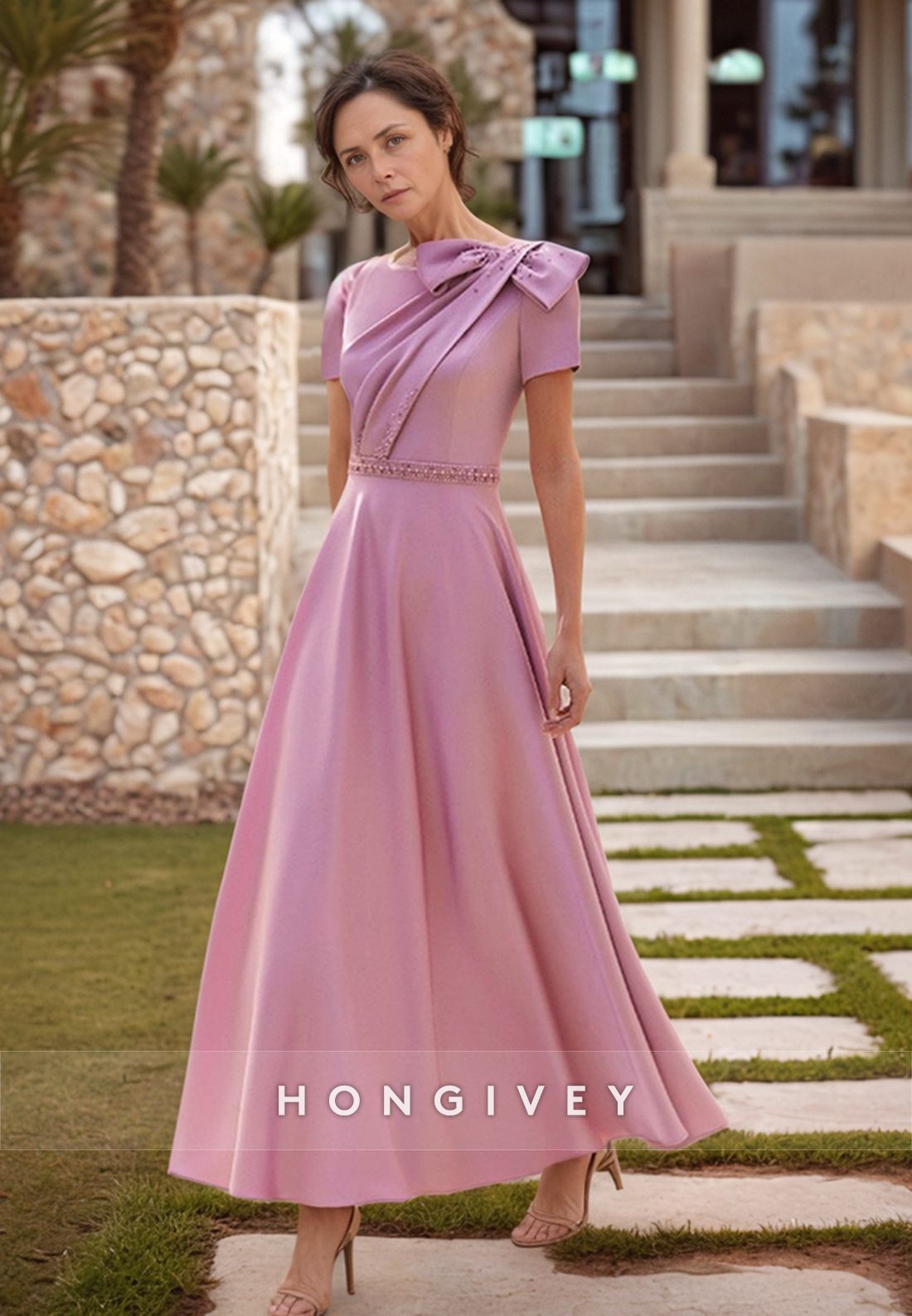 Bowknot A-line Ankle-Length Satin Short Sleeve Pleated Rhinestone Mother of the Bride Dress