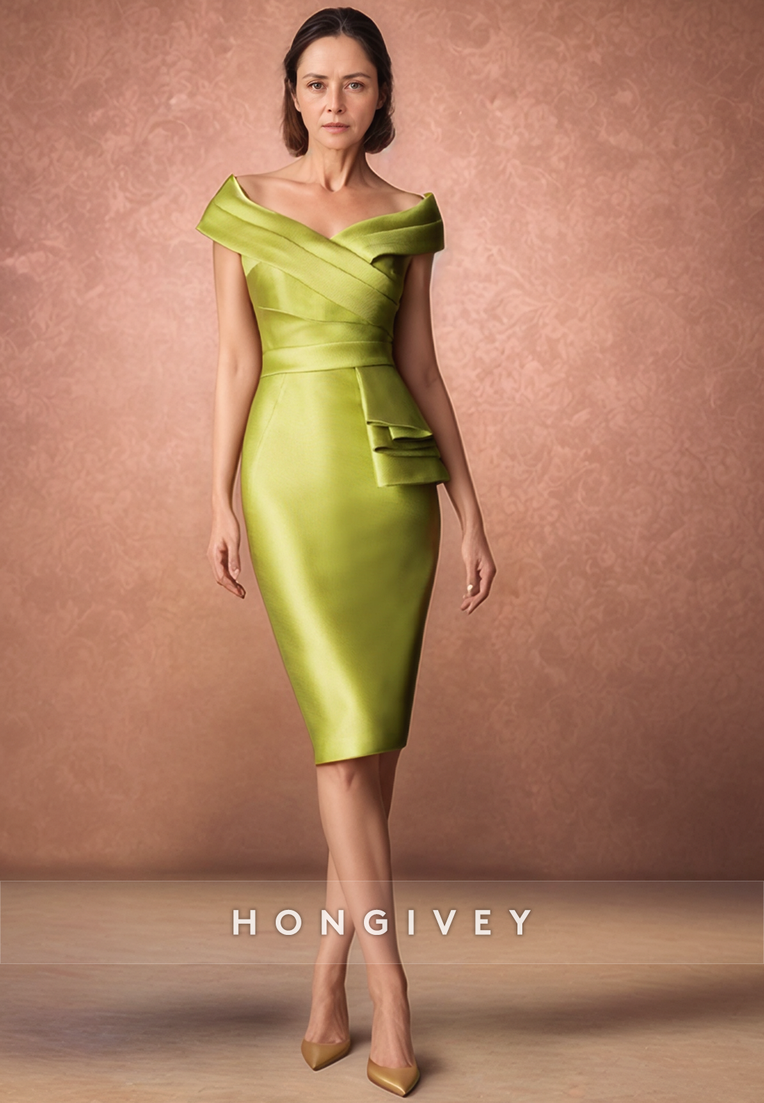 Elegant Avocado Green Cocktail Dresse Sheath Off the Shoulder Satin Pleated Mother of the BrideDress