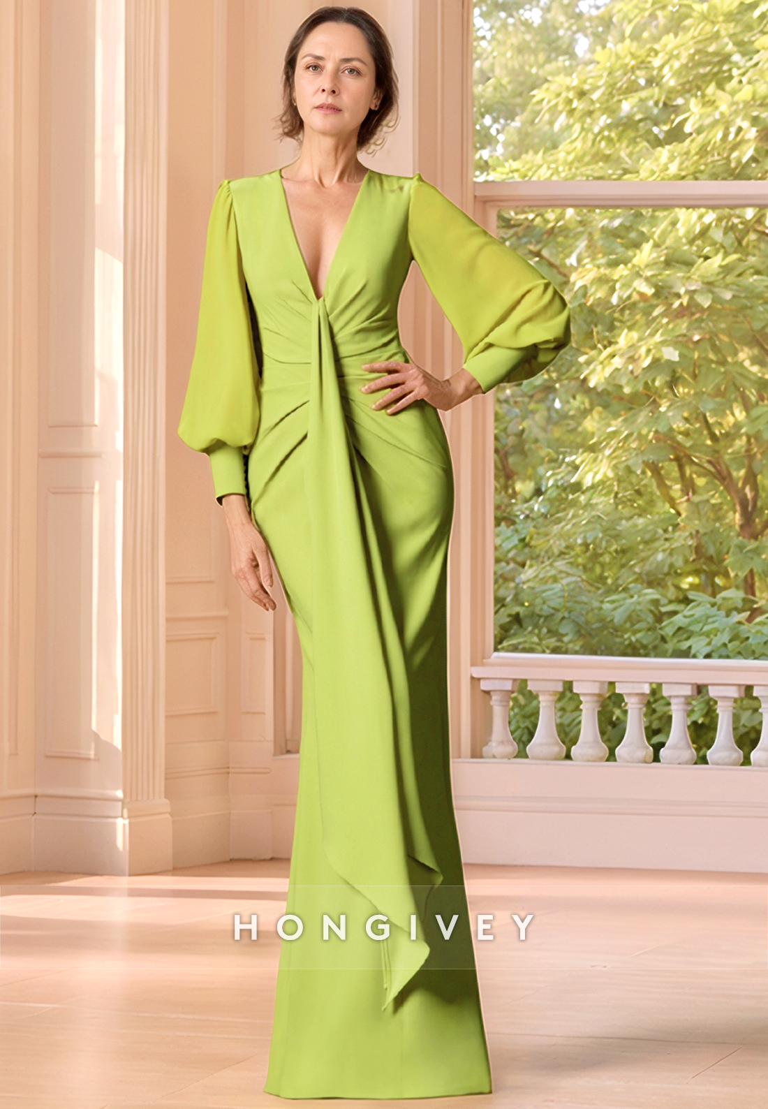 Satin Sheath Floor-Length V Neck Long Sleeve Zipper Pleated Mother of the Bride Dress