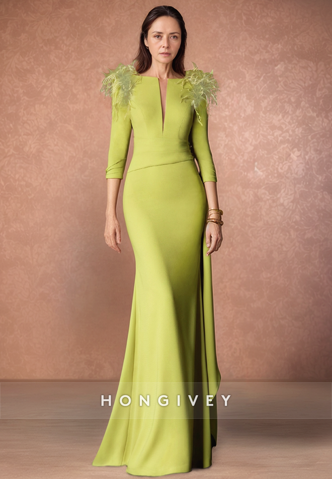 Feather V Neck Low Back Sheath Floor-Length Satin 3/4 Sleeve Pleated Mother of the Bride Dress