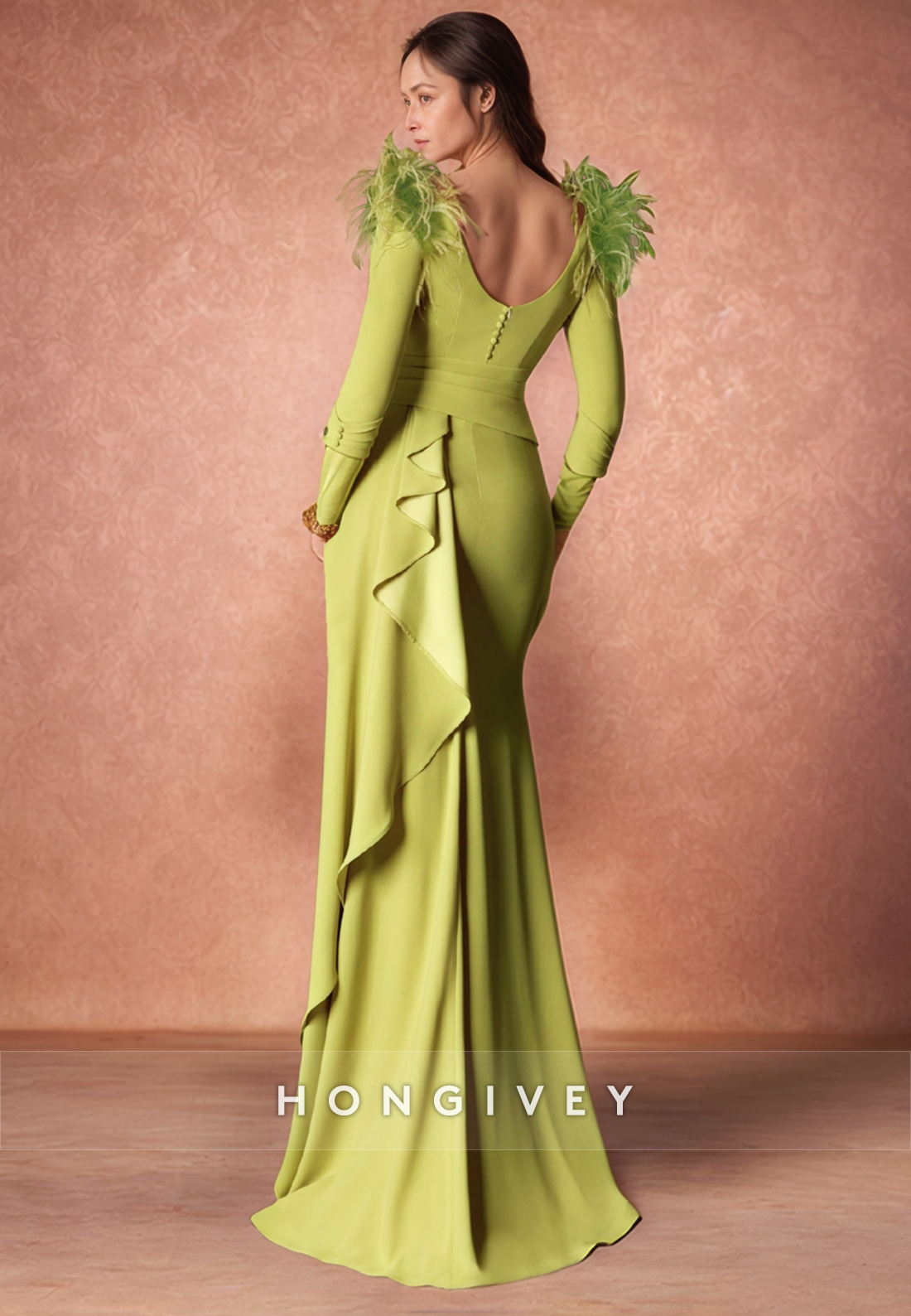 Feather V Neck Low Back Sheath Floor-Length Satin 3/4 Sleeve Pleated Mother of the Bride Dress