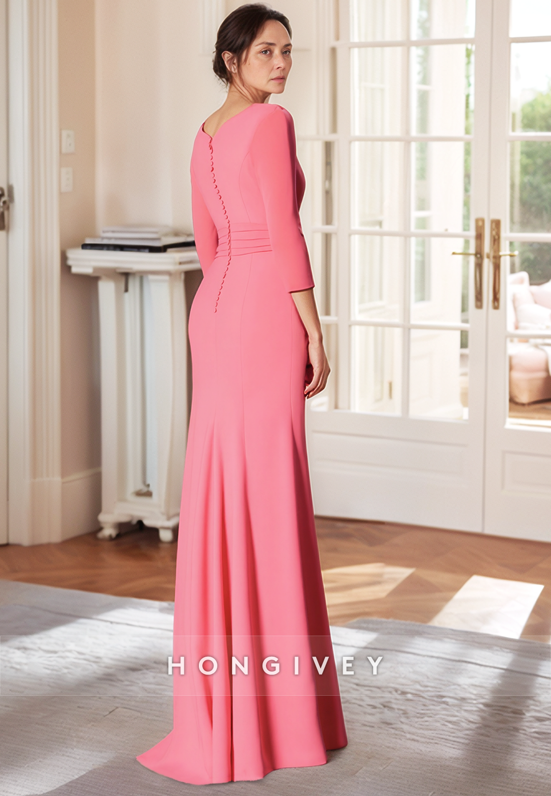 Side Slit Sheath Floor-Length V Neck Satin 3/4 Sleeve Pleated Mother of the Bride Dress