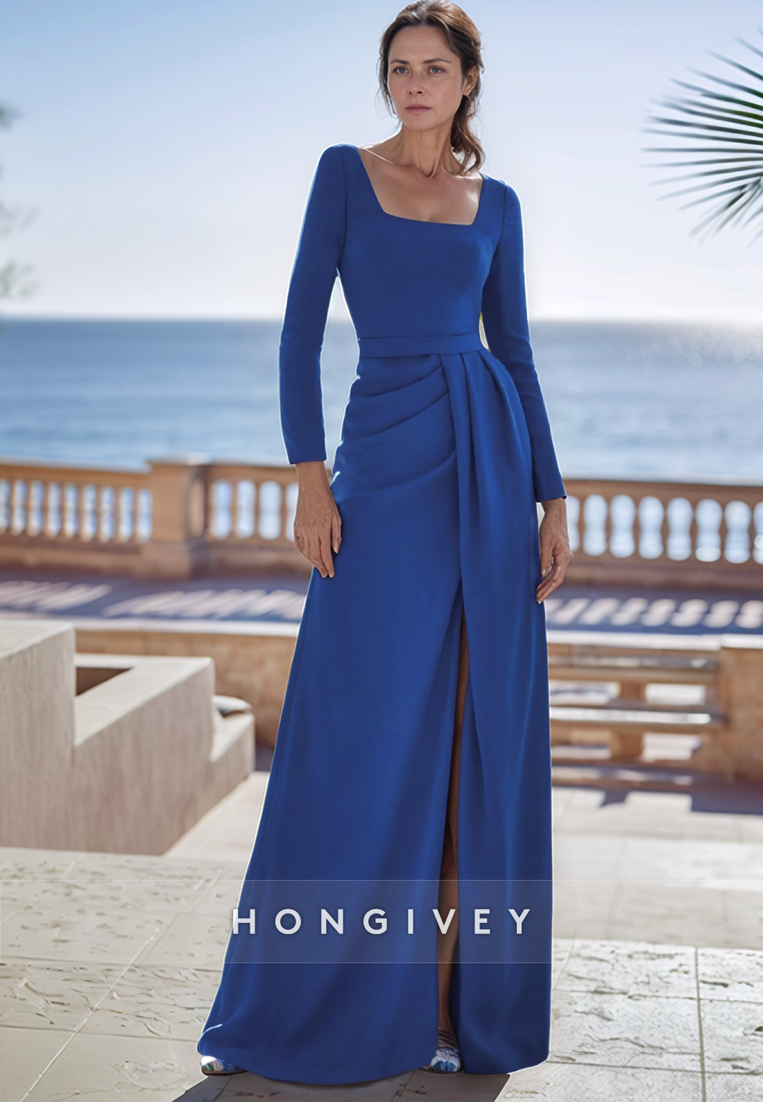 Split Pleated Long Sleeve Satin Square Royal Blue Floor-Length Sheath Mother of the Bride Dress