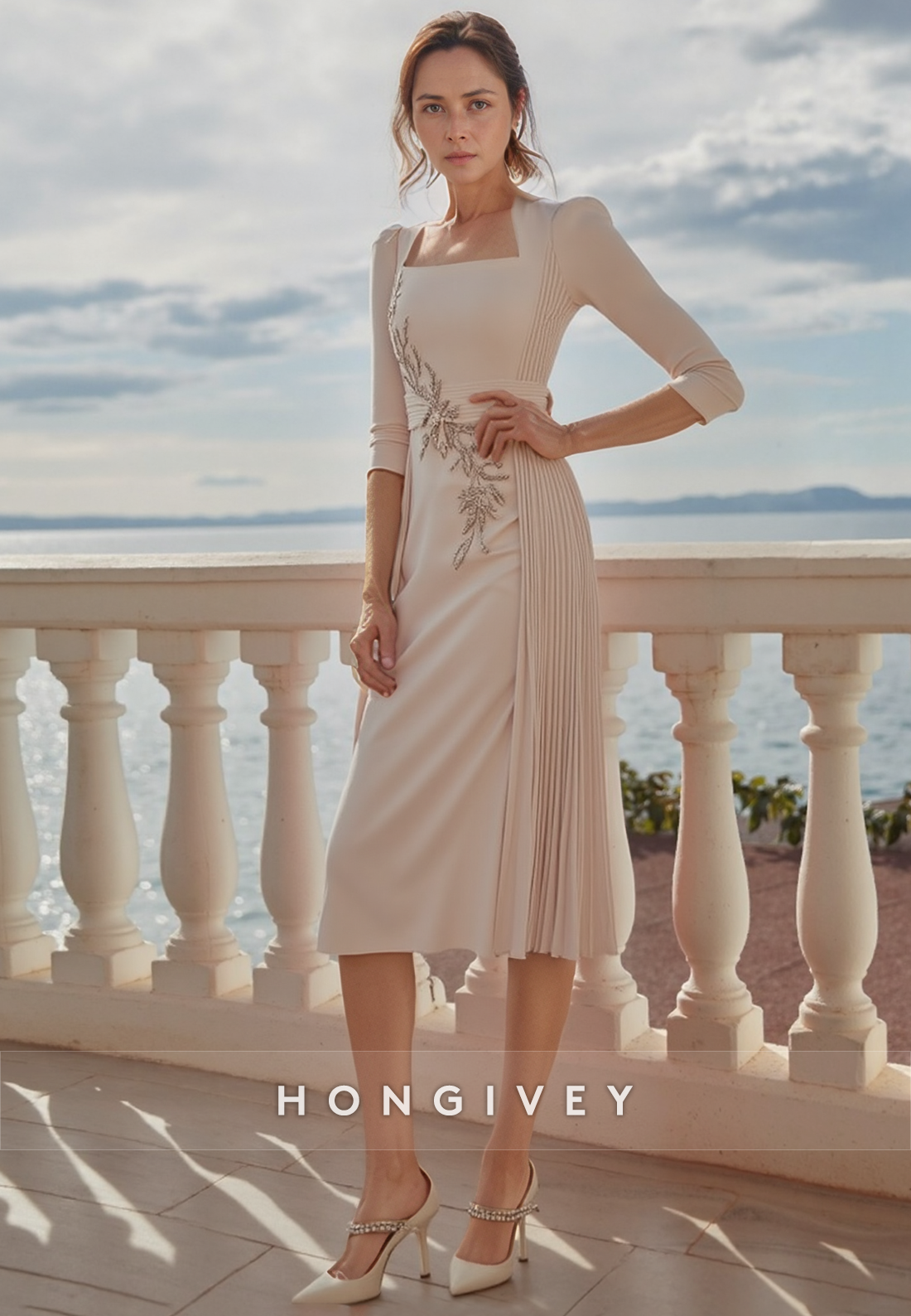 Sheath Knee-Length Square Cocktail Dresse 3/4 Sleeve Pleated Rhinestone Appliqued Mother of the Bride Dress