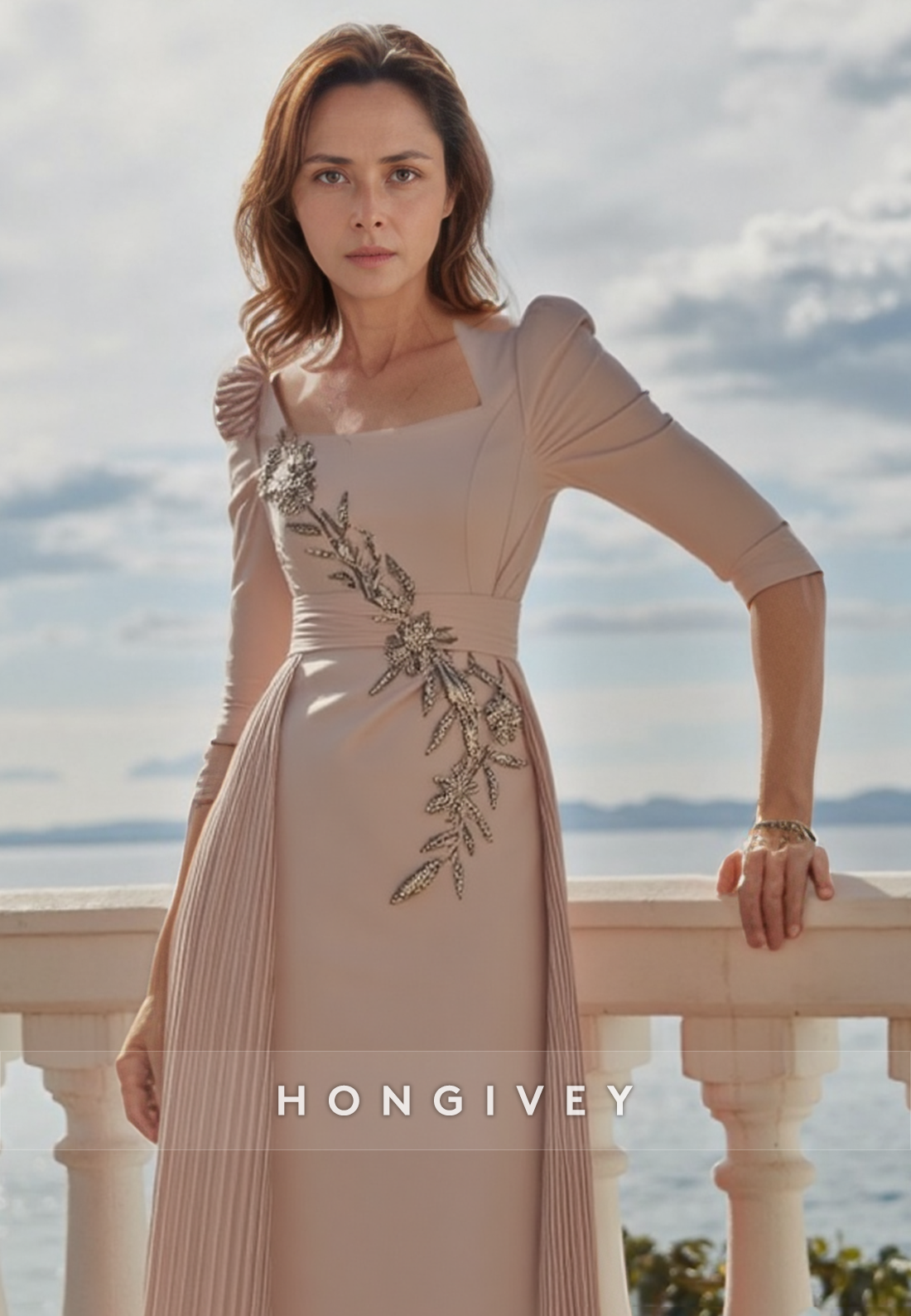 Sheath Knee-Length Square Cocktail Dresse 3/4 Sleeve Pleated Rhinestone Appliqued Mother of the Bride Dress