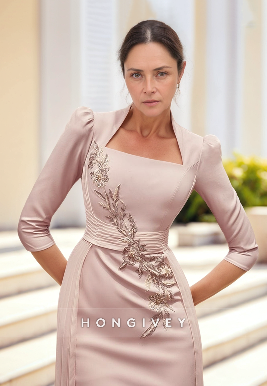 Sheath Knee-Length Square Cocktail Dresse 3/4 Sleeve Pleated Rhinestone Appliqued Mother of the Bride Dress