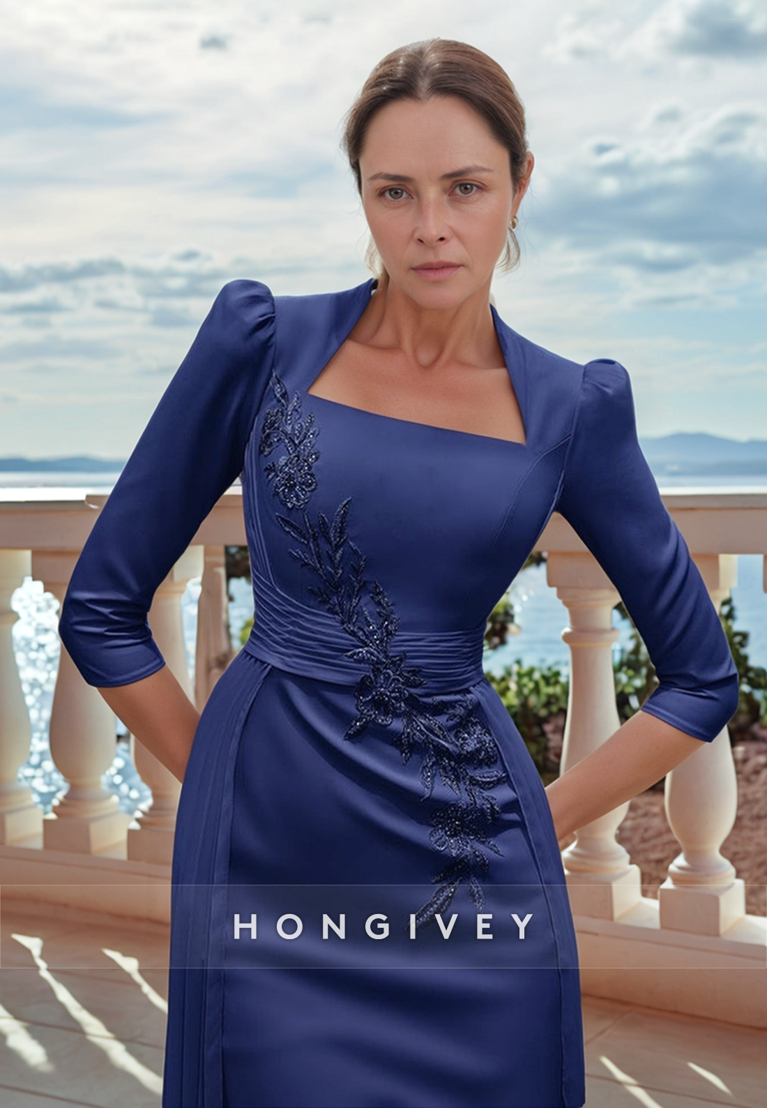 Sheath Knee-Length Square Cocktail Dresse 3/4 Sleeve Pleated Rhinestone Appliqued Mother of the Bride Dress