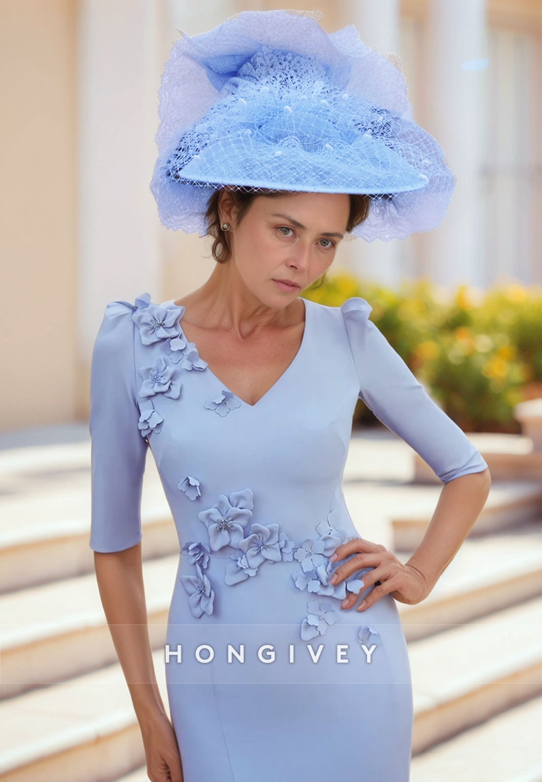 Appliqued Cocktail Dresses Sheath Tea-Length V Neck Satin Half Sleeve Flowers Appliqued Mother of the Bride Dress