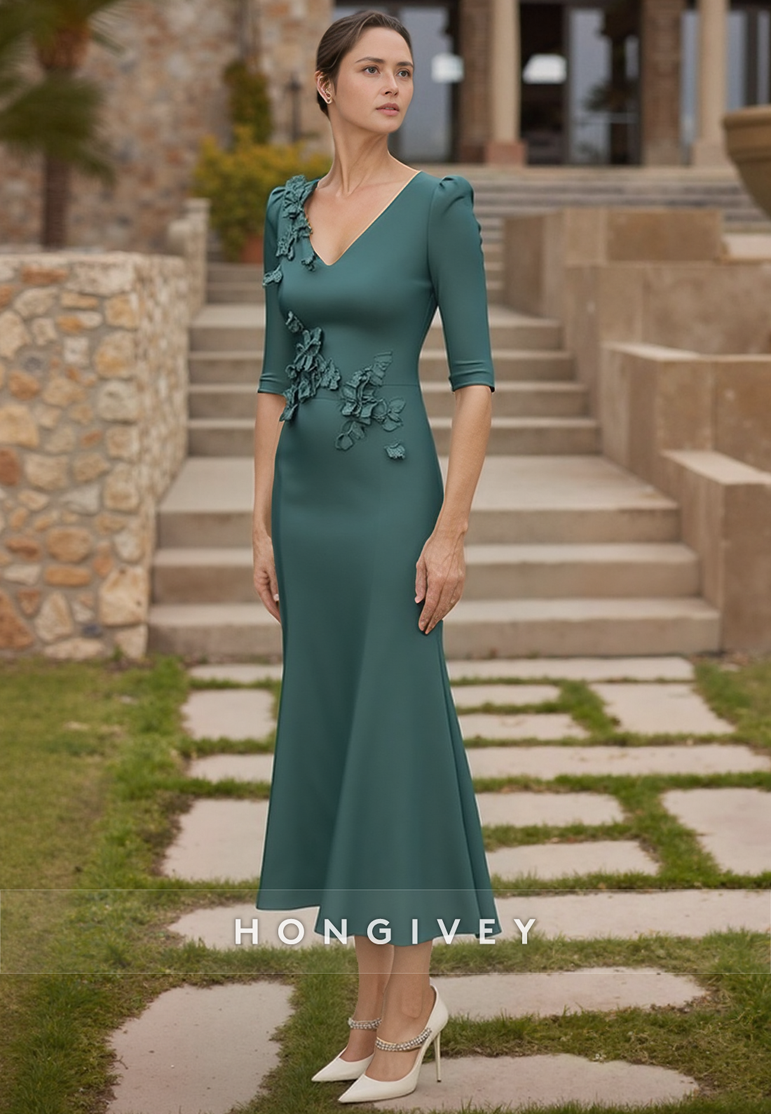 Appliqued Cocktail Dresses Sheath Tea-Length V Neck Satin Half Sleeve Flowers Appliqued Mother of the Bride Dress