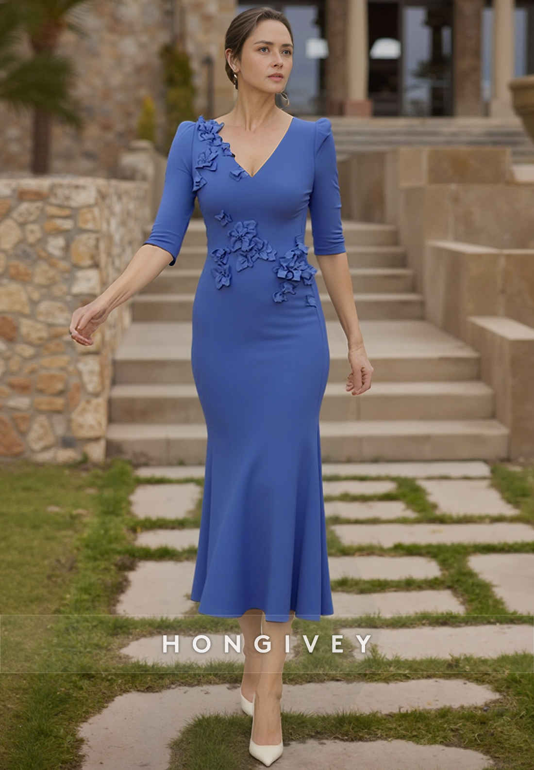 Appliqued Cocktail Dresses Sheath Tea-Length V Neck Satin Half Sleeve Flowers Appliqued Mother of the Bride Dress
